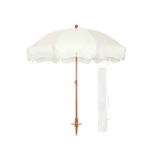 PHI VILLA 7ft Beach Umbrella with Fringe & Sand Anchor, Outdoor Patio Heavy Duty Windproof Portable Tassel Umbrellas for Sand with Push Button Tilt & Carrying Bag, UPF 50+, White(No Base) 