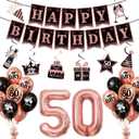 2 x 50th Birthday Decorations for Women, 37pcs 50th Birthday Party Supplies with Black Rose Gold Happy 50th Birthday Banner Backdrop Balloons Hanging Swirls, 50 Years Old Birthday Decorations Kit