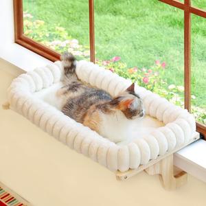 Zakkart SnugCloud Cat Window Perch with 4-Sided Bolster - Orthopedic Cat Hammock for Window Sill - Solid Hardwood & Metal Frame - Window Seat for Pets (Natural Color Wood w/White Bed, Medium) (Medium (22"x15"))