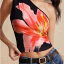 MakeMeChic Women's Floral Print One Shoulder Sleeveless Summer Tee Shirt Crop Tops (S)
