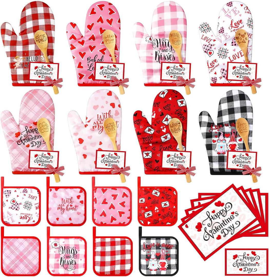 Suclain 32 Pcs Valentine's Day Oven Mitt and Pot Holders Valentine Baking Gift Set Cute Non Slip BBQ Gloves Kitchen Potholder Wooden Spoons and Cards for Women Valentine's Day Gift Cooking Baking