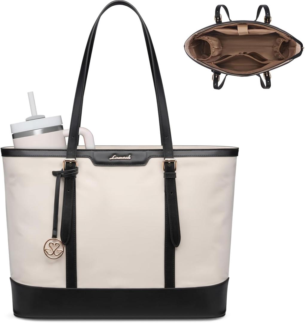 LOVEVOOK Work Tote Bag for Women 15.6 Inch Laptop Computer Bags with Cup Holder, Large Teacher Bag Briefcase for Business Office Travel Black-White, Nylon&PU