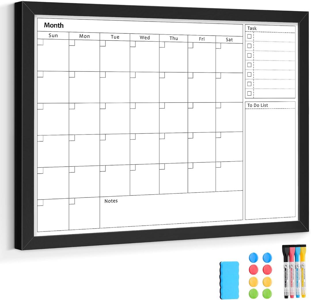 Dry Erase Calendar Whiteboard for Wall, 36"x24" Monthly White Board, Black