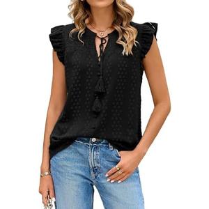 Glamaker Womens Tie Front Summer Tops Dressy Casual Ruffle Short Sleeve Shirts Trendy Blouses for 2025 (Small, Black)