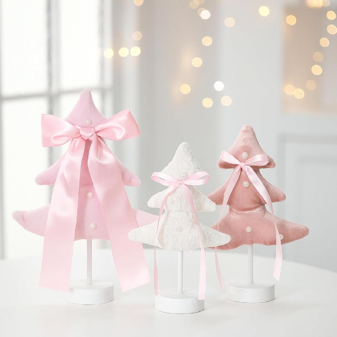 Amyhill 3 Pcs Mini Pink Christmas Tree Table Decor 3 Sizes Pastel Small Table Top Xmas Trees with Bow Pearl Pink and White Christmas Tree with Wood Base for DIY Crafts Xmas Decorations