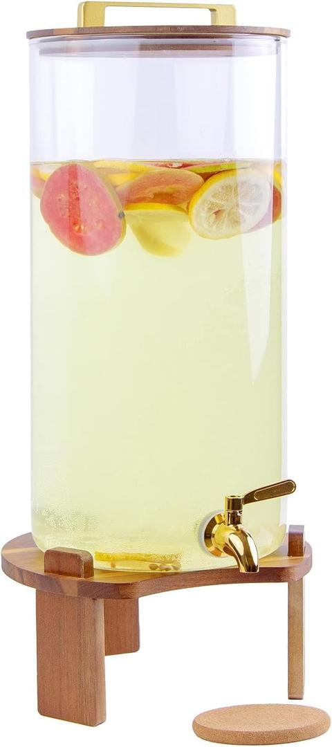 2.5 Gallon Drink Dispenser with Wood Lid & Stand, Large Glass Beverage Dispenser with Stainless Steel Spigot, Lemonade Pitcher for Parties, Weddings, Iced Tea, Water