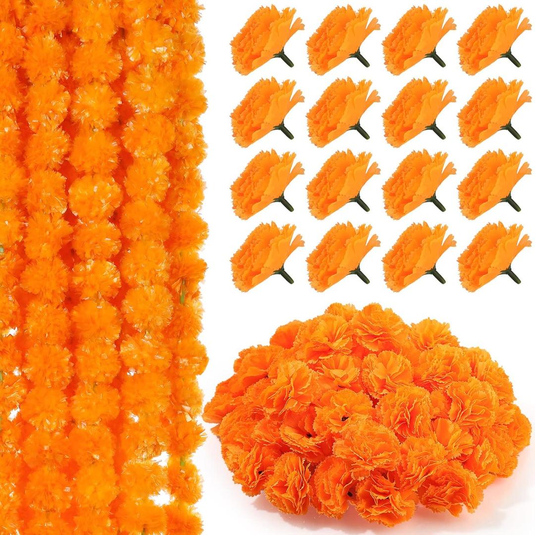 10 Pcs 5 Feet Artificial Marigold Garland and 80 Pcs Marigold Flowers Mexican Faux Fake Marigold Flowers Orange Fall Garlands for Diwali Home Decor Indian Wedding Party DIY Halloween Wreath, Orange