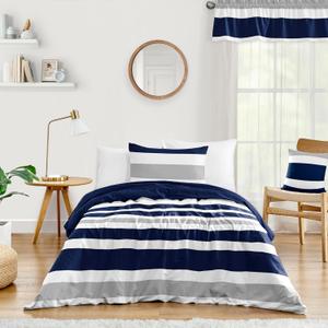 Navy Blue, Gray and White Stripe 4 Piece Childrens, Teen Boys Twin Bedding Set Collection (Twin Size, Navy and Grey Stripe)