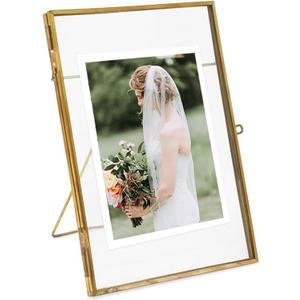 Gold Picture Frame - Antique Brass Postcard Picture Frame for Desk - Small Pressed Glass Frame for Pressed Flowers - Floating Vertical (Gold, 5x7 inches)