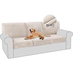 PrinceDeco 6 Piece Luxury Thick Velvet Sofa Covers3 Base Cover Plus 3 Seat Cushion Covers Couch Covers for 3 Cushion Couch Sofa Couch Cover for Dogs, Machine Washable(Sofa, Ivory)