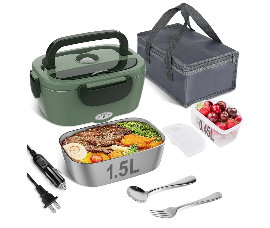 Vabaso Electric Lunch Box for Adults, 80W Heated Lunch Box Portable Food Warmer Lunch Box for Work/Men/Car/Truck with 1.5L 304 Stainless Steel Container Fork & Spoon, 110V/12V/24V