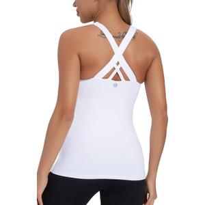RUNNING GIRL Women's Workout Tank Top, Built in Shelf Sports Bra Strappy Back Compression Athletic Shirts（BX2680.White.M）
