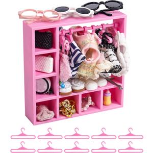 Doll Clothes Closet, Wardrobe with 10 Hangers, Portable Storage Organizer and Display Box for Fashion Doll Clothes & Accessories, Pink