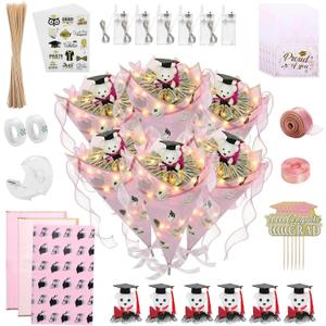 Graduation Money Bouquet Kit 2026,DIY Flower Bouquet 6 Sheet,Graduation Gift with Bear Flower Wrapping Paper for Grad Friends College Ceremony(Pink)