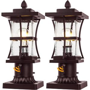 Dusk to Dawn Bronze Outdoor Post Light Fixtures with Pier Mount Base, 2 Packs Outdoor Pole Lighting, Waterproof Pillar Lantern, Farmhouse Outside Column with Seeded Glass for Pathway, Garden, Patio