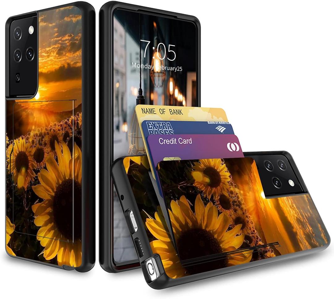 BVDIKMI Case for Samsung Galaxy S21 Ultra 5G with Hidden Credit Card Slot Holder Case Dual Layer Hybrid Shockproof Soft Silicone TPU + Anti-Scratch Hard PC Flip Wallet Cover, Sunset Sunflower