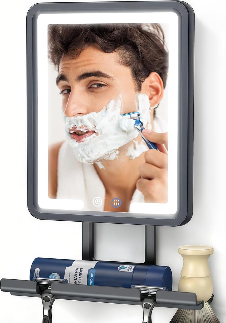 LED Shower Mirror Fogless for Shaving - Heated Fog Free, 3 Dimmable Lights, 360 Adjustable, Rechargeable, Drill Free - with Storage Tray, Razor & Shaving Brush Holders,Gifts for Men (Gunmetal Gray)