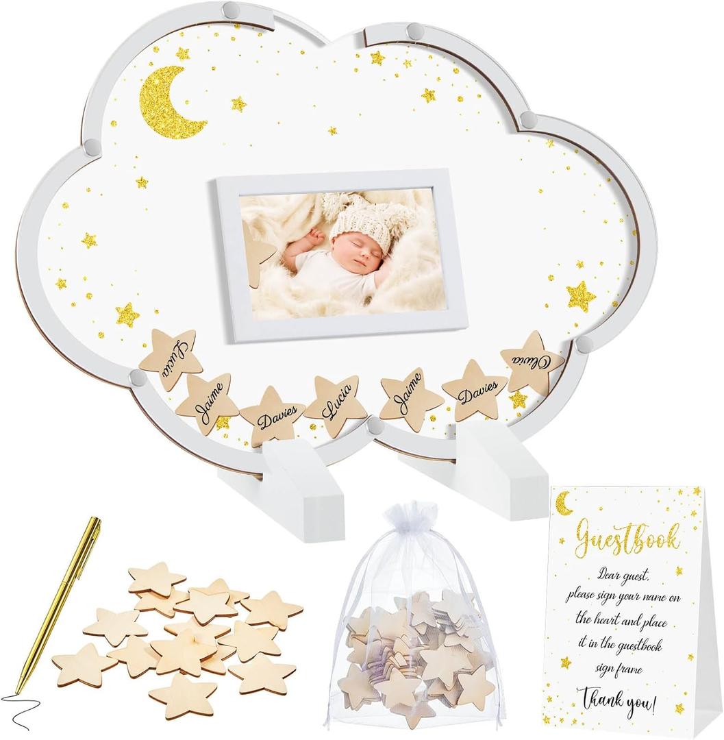 Kosiz Baby Shower Guest Book Alternatives Baby Shower Decorations with Wooden Chips for 60 Guests Sign Picture Frame Pregnancy Keepsake for Soon to Be Moms(Cloud)