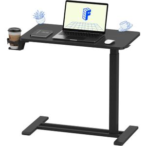 FLEXISPOT H7 Adjustable Overbed Bedside Table with Wheels Pneumatic Mobile Standing Desk Laptop Desk Rolling Computer Cart Movable Overbed Tables Hospital Home Use(27.6" W x 15.7" D, Black Table) (Small)