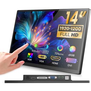 14 inch FHD Portable Touchscreen Monitor with HDMI VGA DVI Ports Compatible with Laptops PC PS5/4, Industrial, POS, Kiosk, Screen Extender 19201200 HDR IPS Small Touch Screen Display 500 nits
