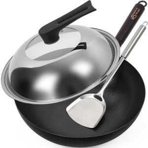 12.5 Inch Carbon Steel Wok For Electric, Induction and Gas Stoves (Lid, Spatula and User Guide Video Included)