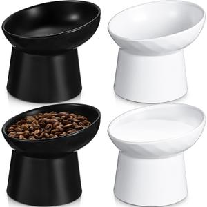 Tanlade 4 Pcs Ceramic Raised Cat Bowls, Elevated Tilted Cat Bowl for Food Water, Stress Free, Backflow Prevention, Dishwasher Microwave Safe, Feeder Dish for Indoor Kitten, Small Dogs(White and Black)