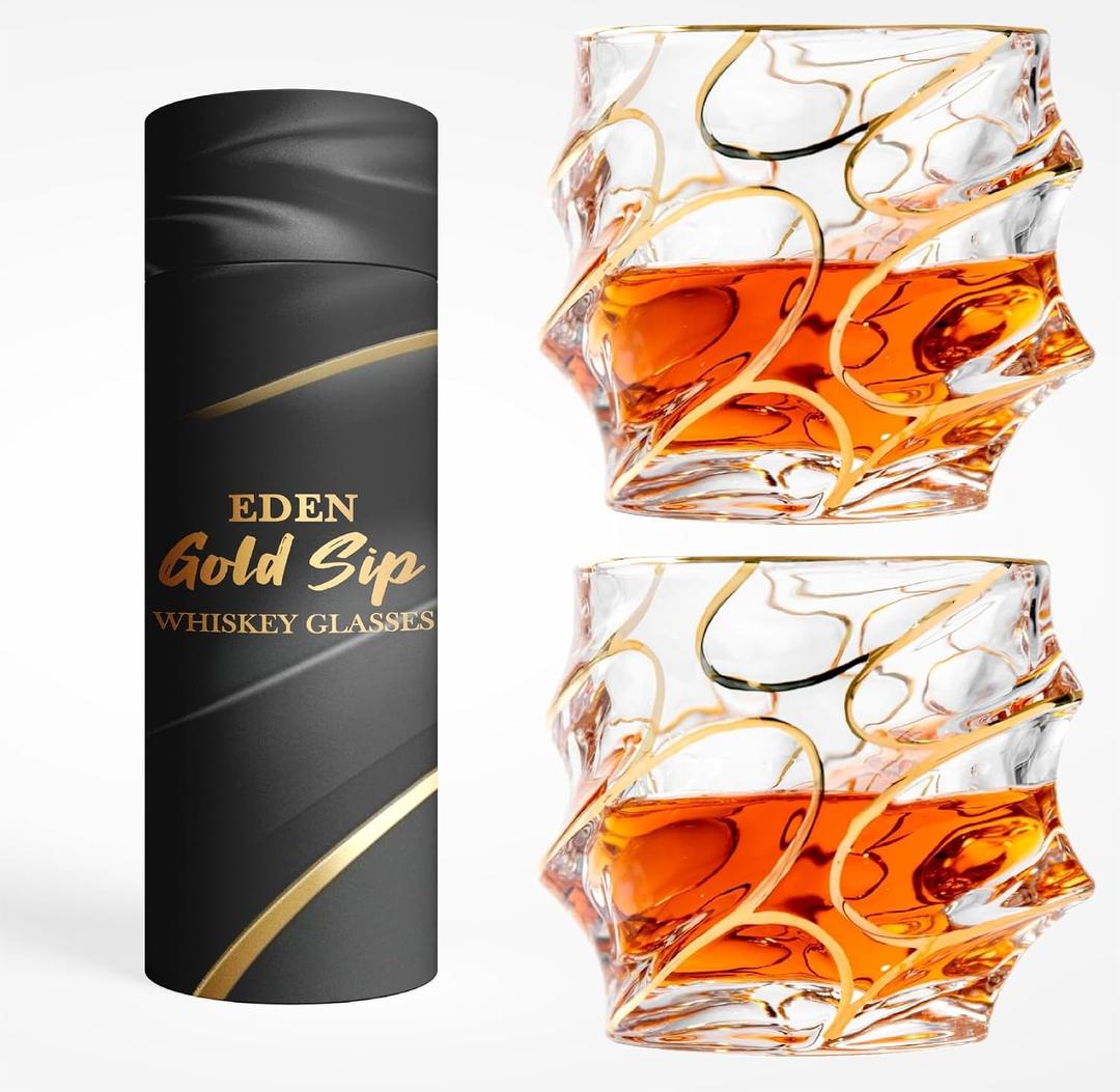 EdensDECOR Whiskey Glasses Gift Set (24k Gold Plated) Unique Luxury Gift For Men, Liquor Tumber, Bourbon, Scotch, Dad, Husbands