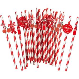 Rtteri 100 Pcs She's Ready to Pop Baby Shower Decorations She's About to Pop Disposable Drinking Straws Red White Paper Straws Soda Bow Cherry Decorations for Gender Reveal Newborn Pregnancy Party