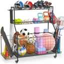 Sports Equipment Organizer, Garage Ball Storage Racks - Outdoor Toy Storage with 2 Side Racks & Removable Baskets, Heavy-Duty Garage Rolling Ball Cart with Wheels, Hooks for Sports Gear, Toys (Large)