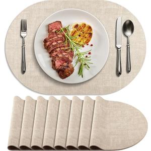 Placemats for Dining Table Set of 8 Non-Slip, Heat Resistant Oval Leather Placemat Double Layer, Waterproof Table Mats Easy to Clean for Kitchen Dining Room Coffee Office Table, Beige