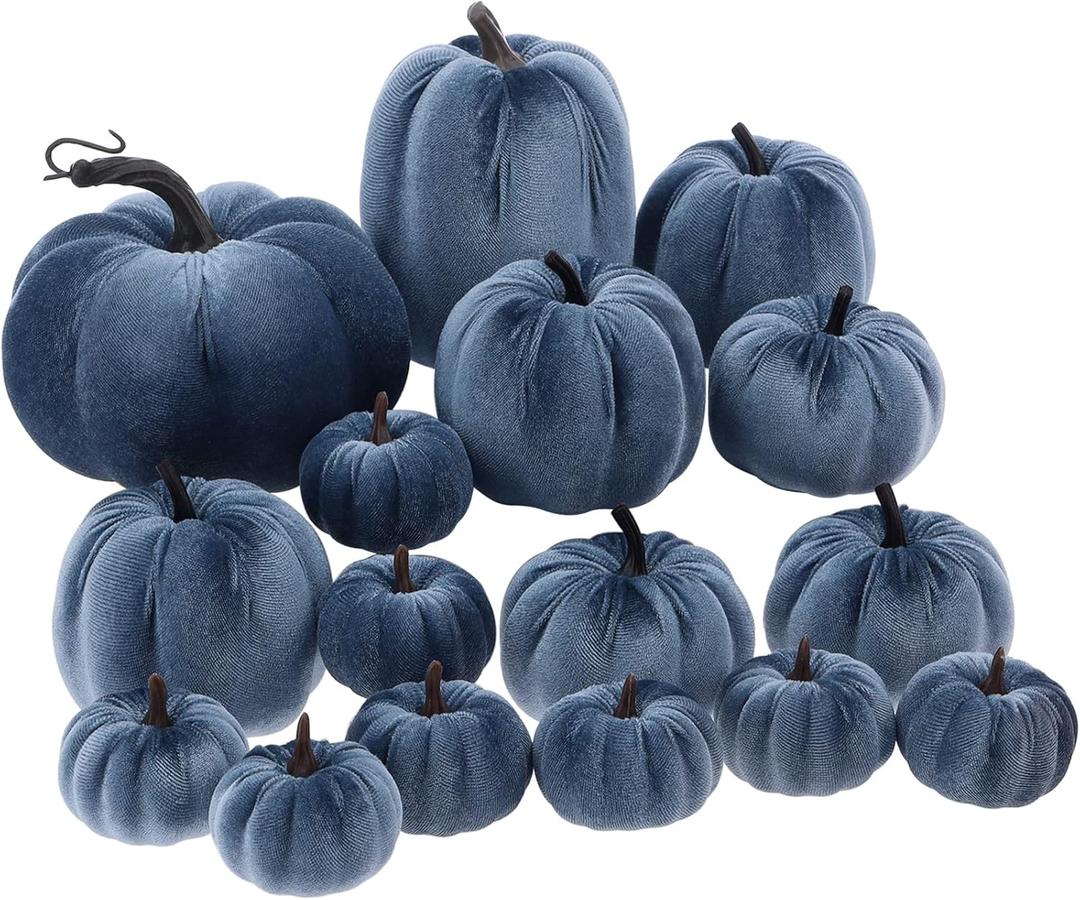 16 Pcs Blue Velvet Pumpkin Fall Decor Artificial Foam Pumpkins Navy Blue Fabric Faux Pumpkin Rustic Harvest Fake Pumpkins Home Decoration Autumn Door Wreath Table Centerpiece