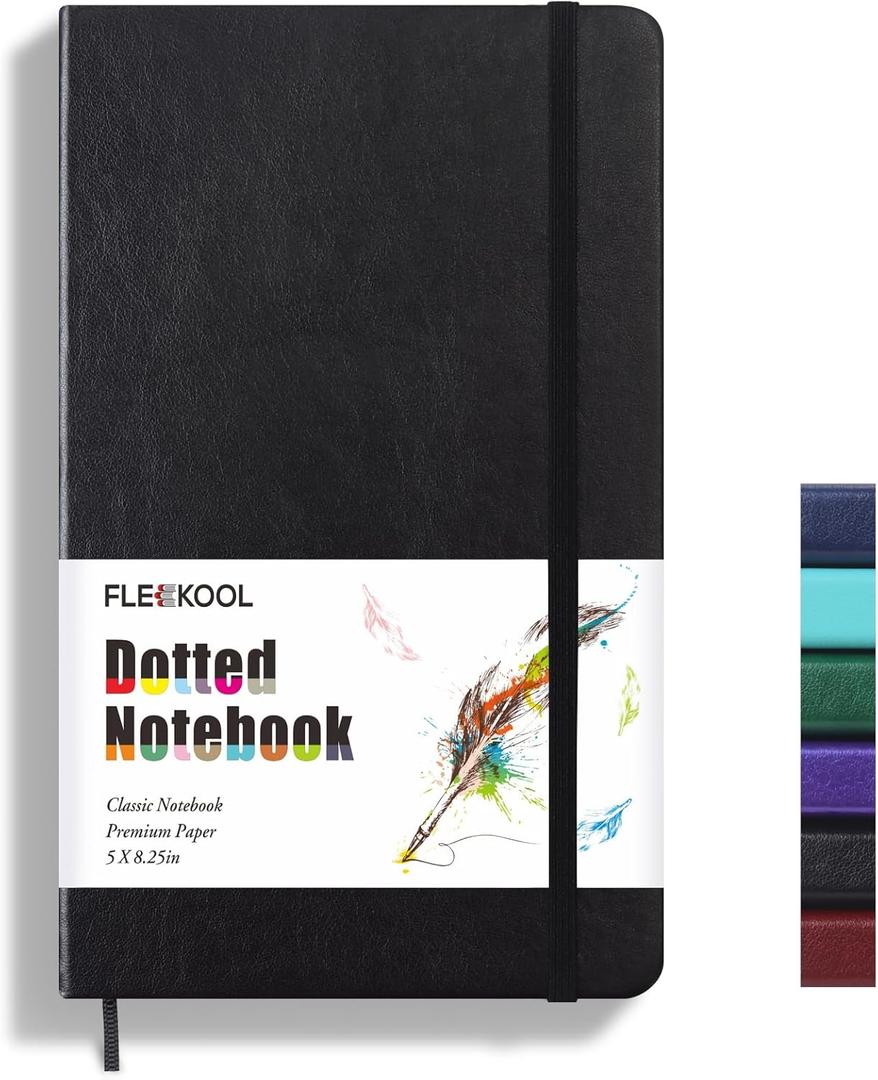Bullet Dotted Journal Notebook, Leather Dotted Notebook with 100gsm Thick Dotted Paper, 5 inches x 8.25 inches, Hardcover, Inner Pocket-Black