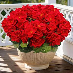 FULLMUSIC Artificial Flowers for Outdoor, UV Resistant Realistic Geranium Fake Flowers-Faux Flowers for Outdoor planters, Garden, Porch, Patio, Window Box Home Decor All Year Round (8 pcs, Red)