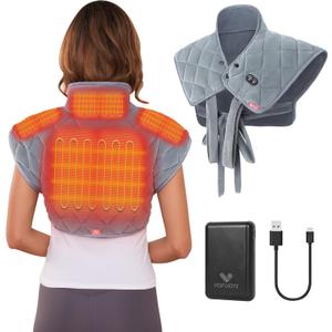 Vofuoti Heating Pad for Neck and Shoulders, Portable Cordless Heating Pad with Massager and Battery, Weighted Electric Heated Neck Shoulder Wrap, 16'' x 22'', 2.2lbs-Gray