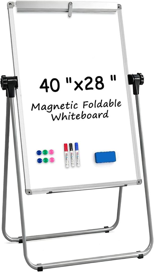 KIZZBY Double Sided White Board with Stand - 40" x 28" Portable Magnetic Flip Easel Whiteboard U-Stand Height Adjustable & 360° Rotation Dry Erase Board for Home Office Classroom