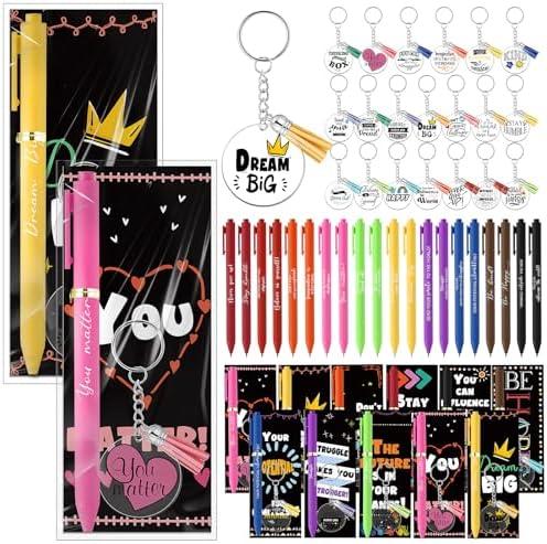Spakon 20 Set Back to School Gifts Inspirational Pens Bulk Appreciation Quote Ballpoint Pens Dream Big Keychains Motivational Bookmarks Classroom Rewards for Students Coworker Staff Employees