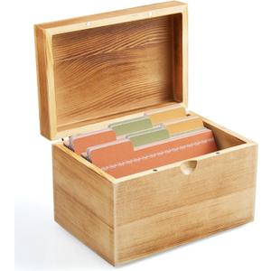 DRASTAR Index Card Holder, 3x5 Index Card Box, Wooden Index Card Organizer with 45 Dividers, Flashcard Notecard Holders for Home Office, Brown