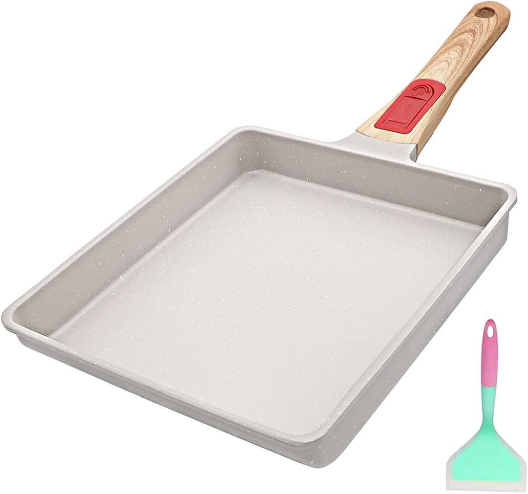 AIKENBBKK Nonstick Tamagoyaki Pan Large, Japanese Omelette Square Egg Pan Nonstick, Detachable Handle, PFAS & PFOA-Free, Oven Safe, 9" x 8.2" (White)