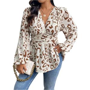 SOLY HUX Women's Plus Size Leopard Print Blouse V Neck Lantern Long Sleeve Peplum Ruffle Hem Flowy Tops (White, L)