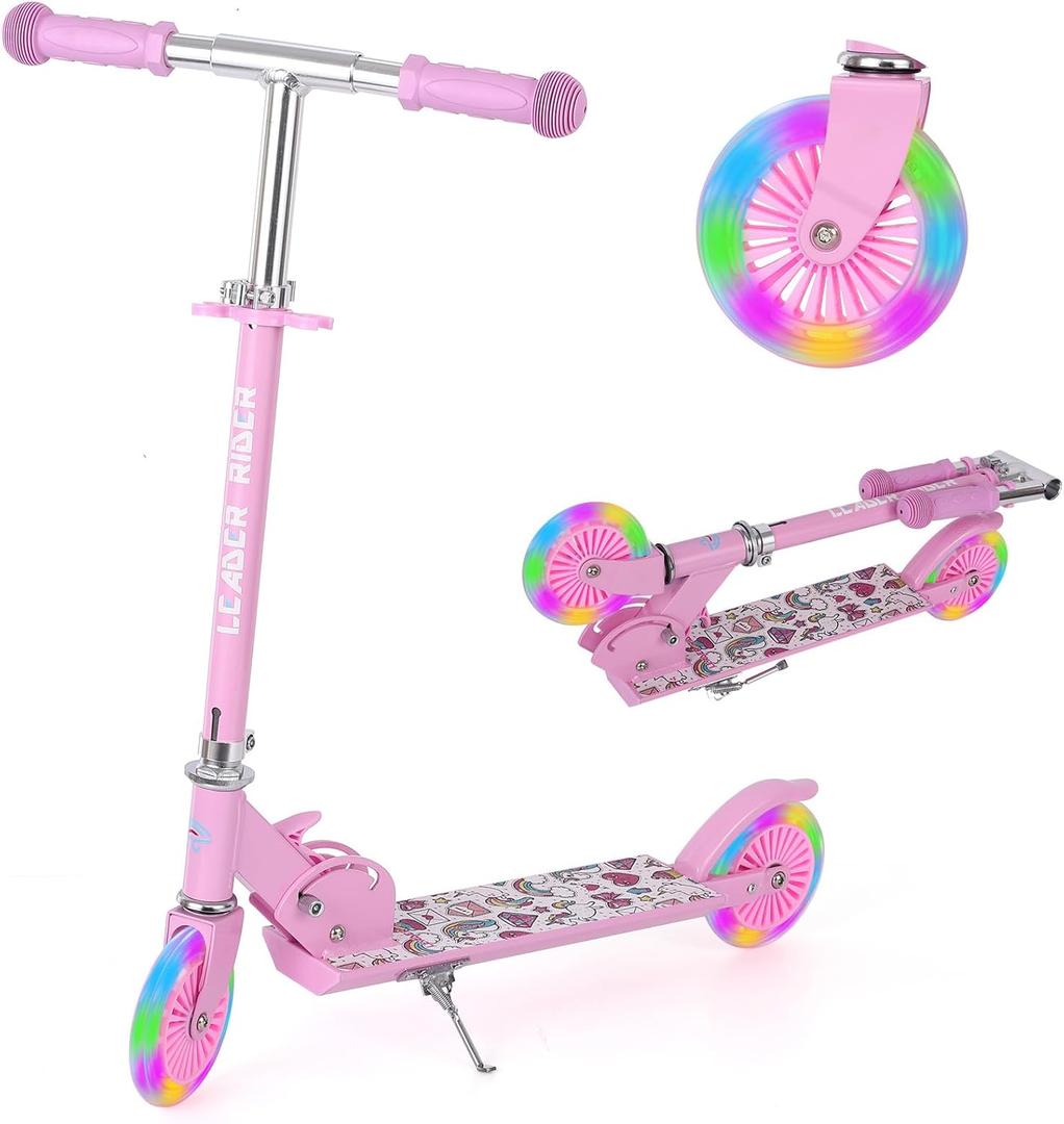Kick Scooter - Collapsible Portable Kids Push Scooter - Lightweight Folding Design with High Visibility RGB Light Up LEDs on Wheels