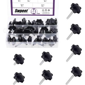 Swpeet 40Pcs M6 x 11/15/20/25/30/35/40/50mm 8 Sizes Hex Shaped Male Thread Metal Clamping Hand Hexagon Star Knobs Assortment Kit, Clamping Screw Plastic Screw-On Handle Knob Quick Removal