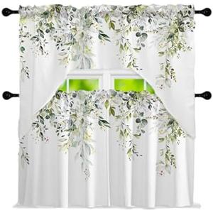 Eucalyptus Leaves Curtain and Swag Valance Set Spring Plant Decorative 3 Pcs Window Curtain & Swags Pair Sets Kitchen Topper for Living Room Bedroom