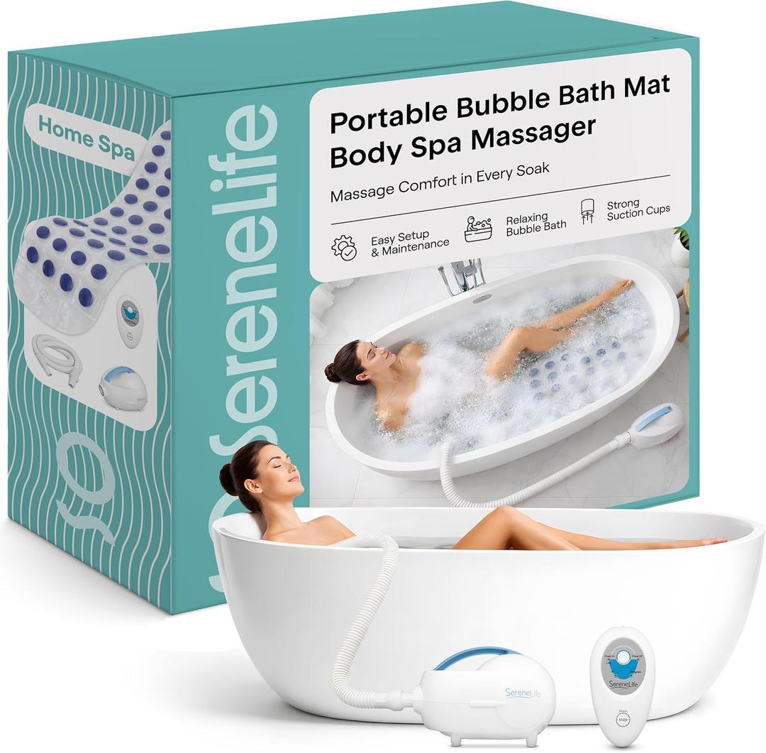 SereneLife Bubble Bath Mat, Bathtub Mat with Air Massage and Remote Control, Waterproof, NonSlip, Adjustable Bubble Intensity, Aroma Diffuser, 47x14.2 Inch Full Body Spa Massager