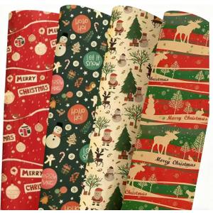 Amouy Christmas Wrapping Paper for Kids Adults - Reindeer, Stripes, Snowman,Woodlands, Snowman, Red Gift Winter Scene Designs - 28 x 40 Inches per, 4Jumbo Sheets, Recycled
