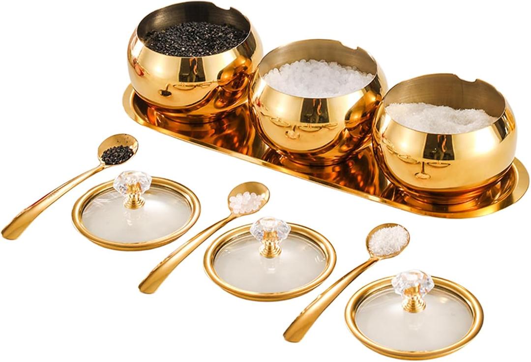 304 Stainless Steel Seasoning Containers Set, Condiment Jar Spice Container with Lid Spoon and Tray (Golden)