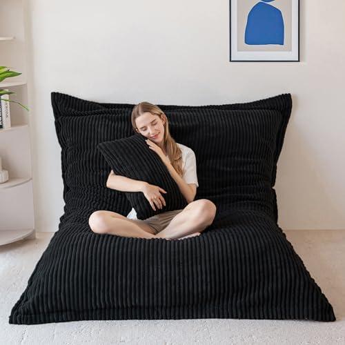 MAXYOYO Giant Bean Bag Chair with Pillow, 3 in 1 Convertible Bean Bag Chair for Adults with Washable Cover, Removable Floor Cushion Stuffed Floor Lounger for Living Room Bedroom, Black, Queen