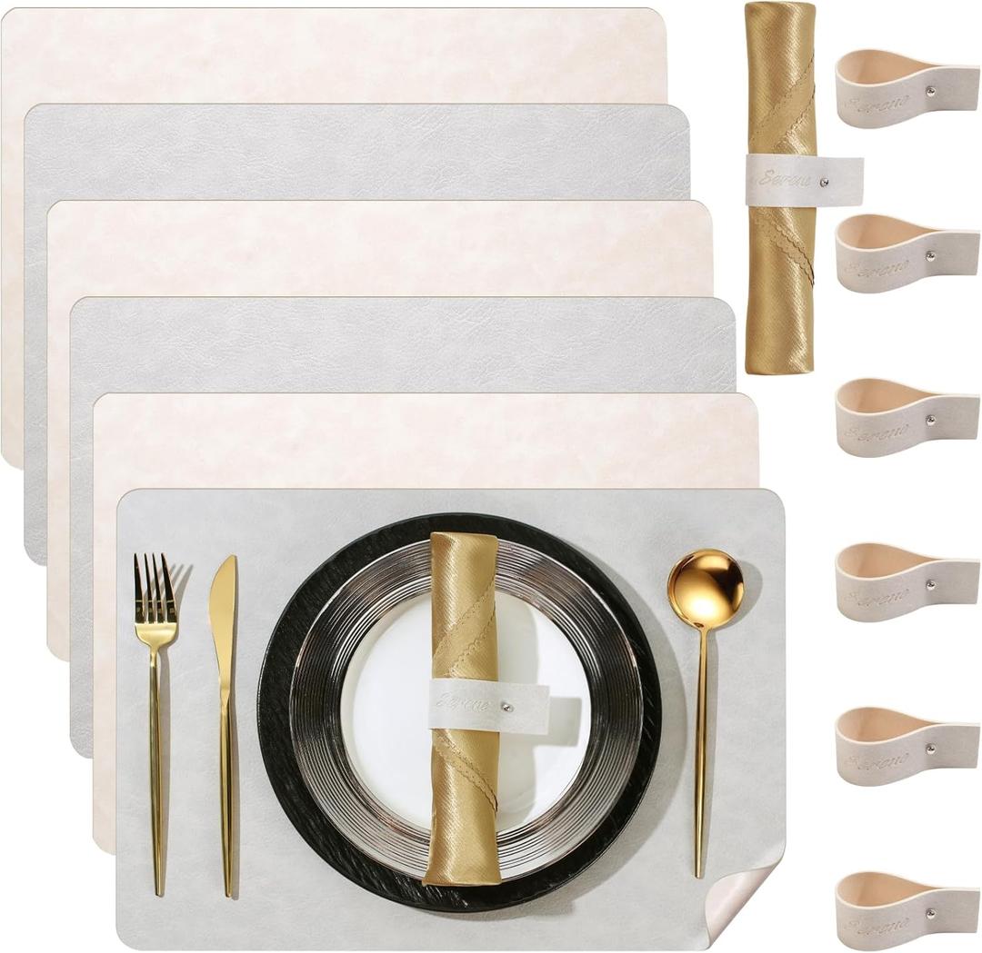Faux Leather 100% Waterproof Oil-Proof Wipeable Heat Resistant Vinyl Placemats Set of 6 for Dining Table, Kitchen, Coffee Table, Indoor & Outdoor, Non-Slip, Easy Clean, Parties & GiftsLight White