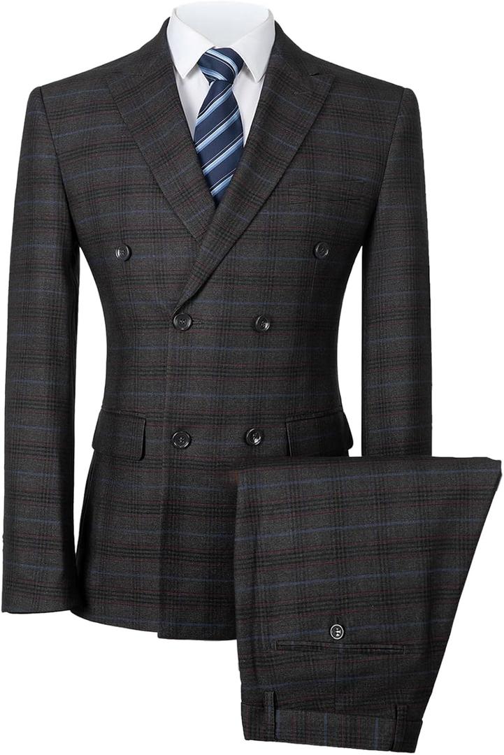 Mens Suits Slim Fit 3 Piece Double Breasted Tuxedo Suit Jacket Vest Pants Set for Wedding Prom (Medium, Gray Plaid)
