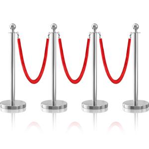 4Pcs Sliver Stanchion Post Queue Velvet Ropes and Posts with Soild Base and 3pcs 5 Ft Red Velvet Ropes Carpet Ropes Posts Stanchion Set Crowd Control Barriers for Party Supplies
