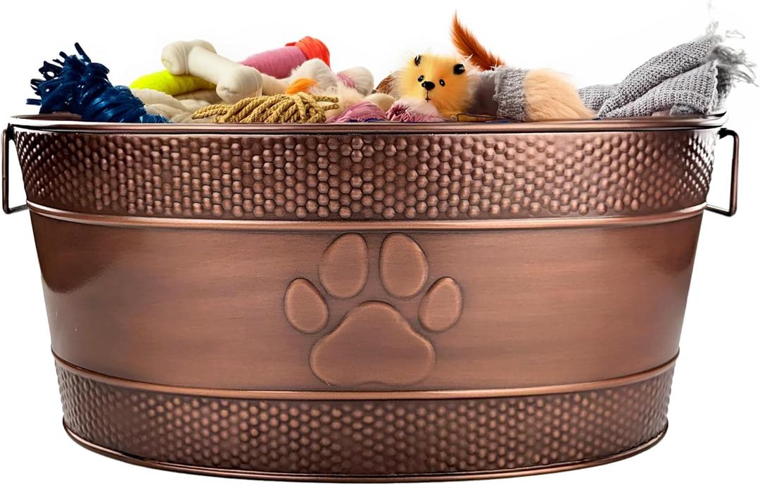 BREKX Indestructible Metal Dog Toy Bin - Copper Galvanized Storage Bin with Handles, Dog Toy Box for Dog Chew Toys, Blankets, & Leashes, Paw Pet Toy Box (25-Quart)